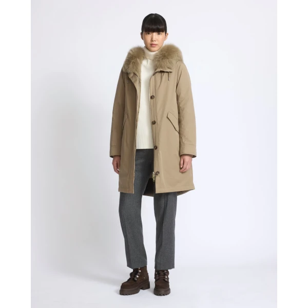 Yves Salomon Long Iconic Parka with Fox and Rabbit Fur in Beige | Coats | Luxury Shoes 