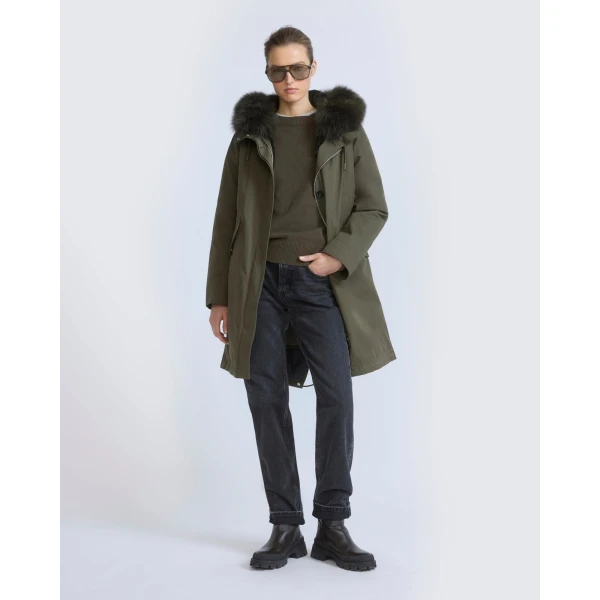 Yves Salomon Long Iconic Parka with Fox and Rabbit Fur in Dark Khaki | Coats | Luxury Shoes 