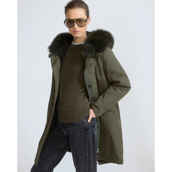 Yves Salomon Long Iconic Parka with Fox and Rabbit Fur in Dark Khaki | Coats | Luxury Shoes 