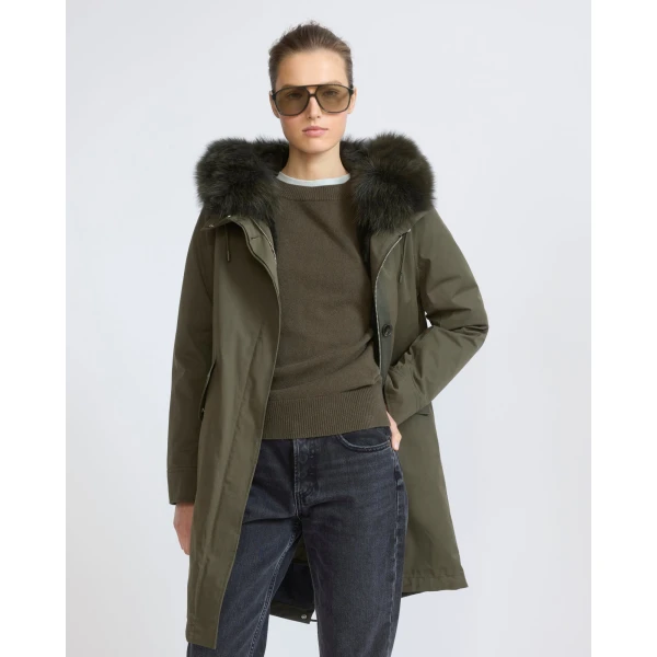 Yves Salomon Long Iconic Parka with Fox and Rabbit Fur in Dark Khaki | Coats | Luxury Shoes 