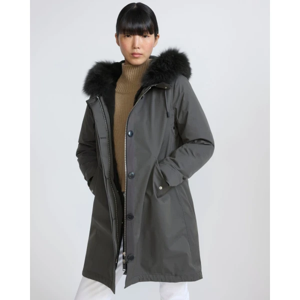 Yves Salomon Long Iconic Parka with Fox and Rabbit Fur in Grey | Coats | Luxury Shoes 