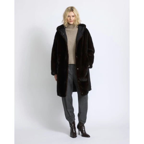 Yves Salomon Long Reversible Hooded Down Jacket in Technical Fabric and Mink in Black | Jackets | Luxury Shoes 