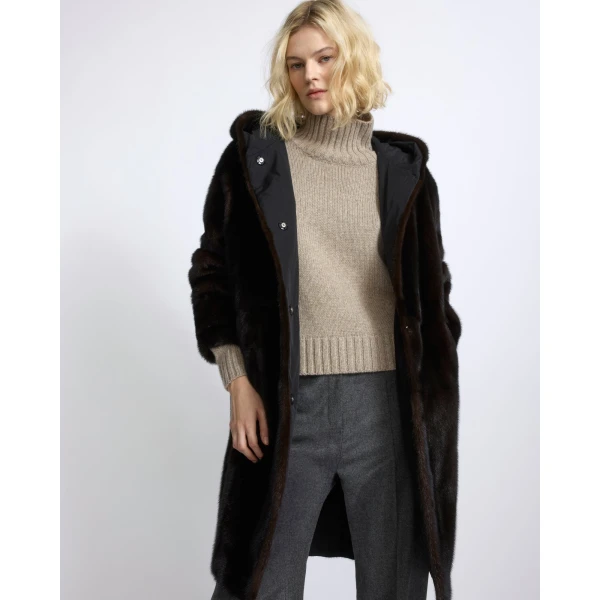 Yves Salomon Long Reversible Hooded Down Jacket in Technical Fabric and Mink in Black | Jackets | Luxury Shoes 