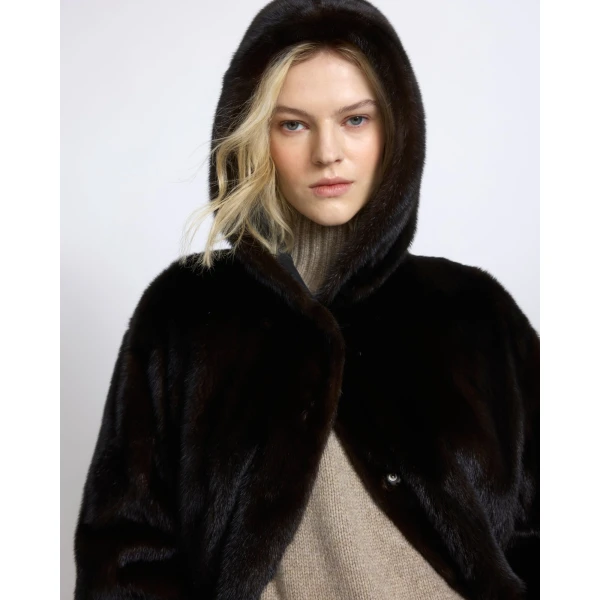 Yves Salomon Long Reversible Hooded Down Jacket in Technical Fabric and Mink in Black | Jackets | Luxury Shoes 