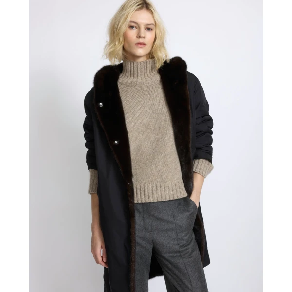Yves Salomon Long Reversible Hooded Down Jacket in Technical Fabric and Mink in Black | Jackets | Luxury Shoes 