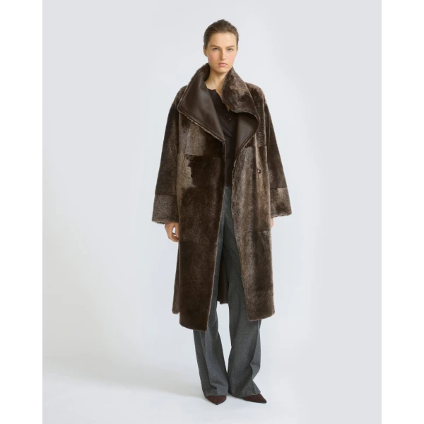 Yves Salomon Long Reversible Lacon Lambskin Shearling Coat in Brown | Shearling Coat | Luxury Shoes 