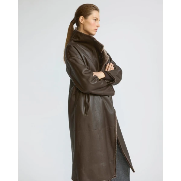 Yves Salomon Long Reversible Lacon Lambskin Shearling Coat in Brown | Shearling Coat | Luxury Shoes 