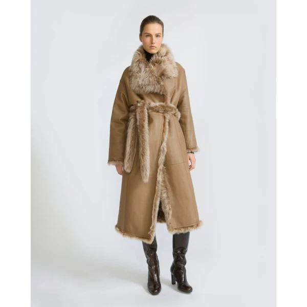 Yves Salomon Long Reversible Toscana Lambskin Shearling Coat in Camel | Shearling Coat | Luxury Shoes 