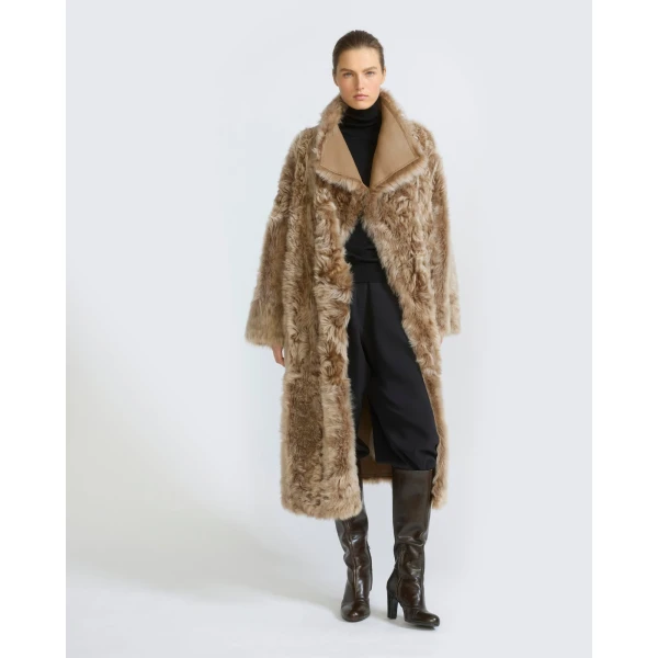 Yves Salomon Long Reversible Toscana Lambskin Shearling Coat in Camel | Shearling Coat | Luxury Shoes 