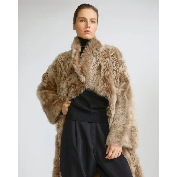 Yves Salomon Long Reversible Toscana Lambskin Shearling Coat in Camel | Shearling Coat | Luxury Shoes 