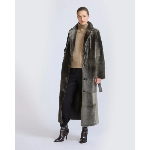 Yves Salomon Long Reversible Toscana Lambskin Shearling Coat in Light Khaki | Shearling Coat | Luxury Shoes 