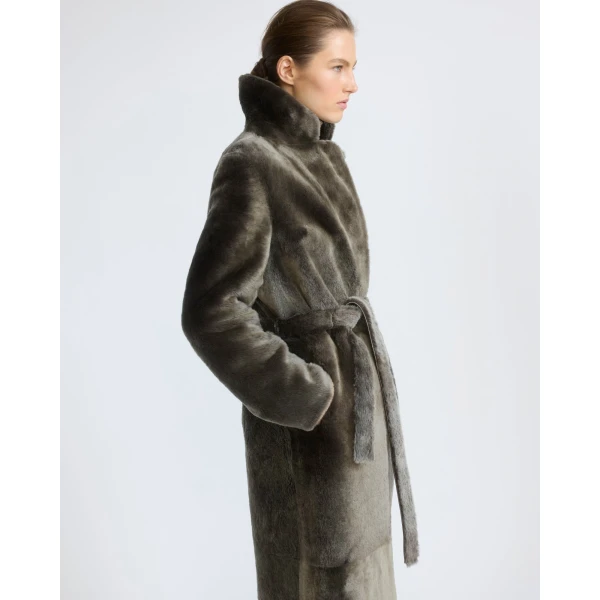 Yves Salomon Long Reversible Toscana Lambskin Shearling Coat in Light Khaki | Shearling Coat | Luxury Shoes 