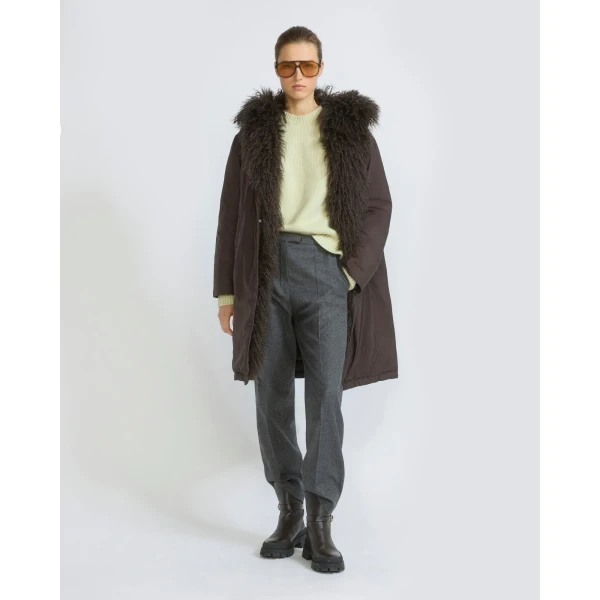 Yves Salomon Long Smooth Hooded Down Jacket with Curly Lambskin Lining in Brown | Coats | Luxury Shoes 