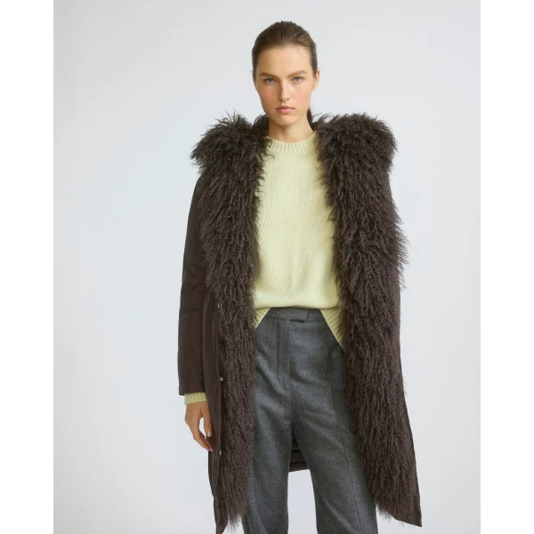 Yves Salomon Long Smooth Hooded Down Jacket with Curly Lambskin Lining in Brown | Coats | Luxury Shoes 
