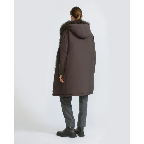 Yves Salomon Long Smooth Hooded Down Jacket with Curly Lambskin Lining in Brown | Coats | Luxury Shoes 