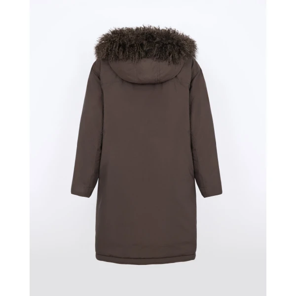 Yves Salomon Long Smooth Hooded Down Jacket with Curly Lambskin Lining in Brown | Coats | Luxury Shoes 