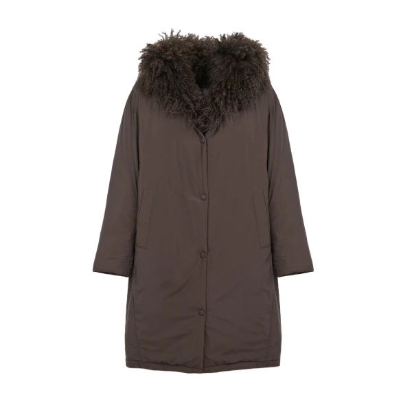 Long Smooth Hooded Down Jacket with Curly Lambskin Lining in Brown