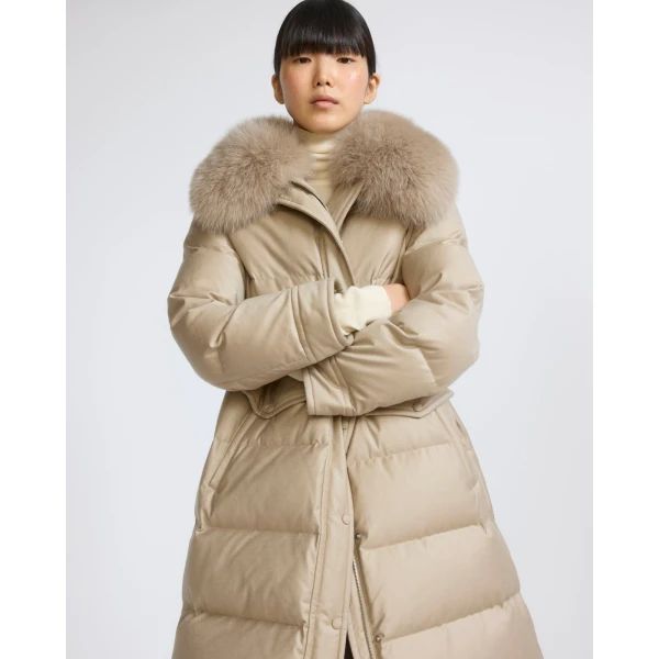 Yves Salomon Long Straight Down Jacket with Detachable Fox Fur Collar in Beige | Coats | Luxury Shoes 