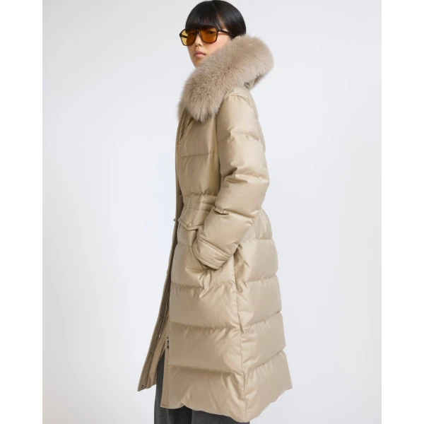 Yves Salomon Long Straight Down Jacket with Detachable Fox Fur Collar in Beige | Coats | Luxury Shoes 