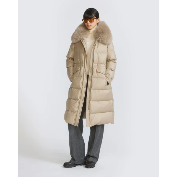 Yves Salomon Long Straight Down Jacket with Detachable Fox Fur Collar in Beige | Coats | Luxury Shoes 