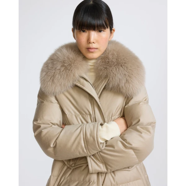 Yves Salomon Long Straight Down Jacket with Detachable Fox Fur Collar in Beige | Coats | Luxury Shoes 