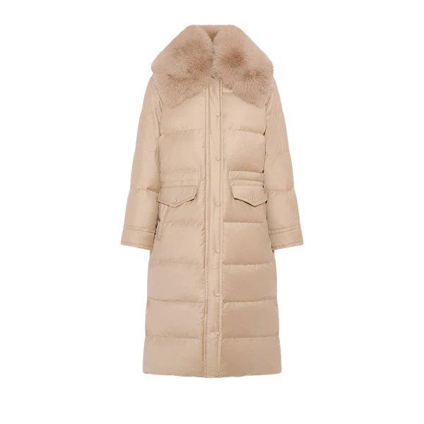 Long Straight Down Jacket with Detachable Fox Fur Collar in Beige