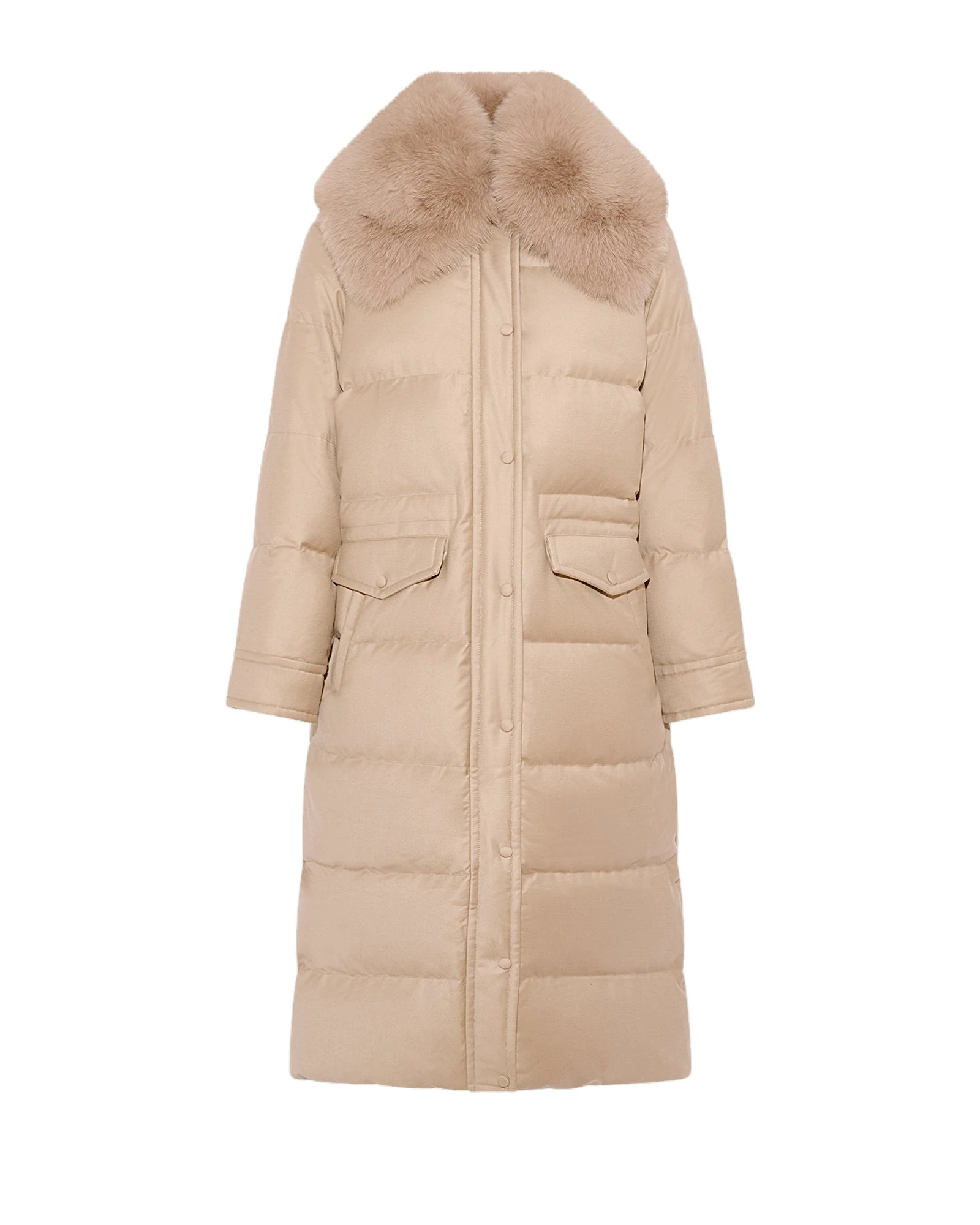 Yves Salomon Long Straight Down Jacket with Detachable Fox Fur Collar in Beige Yves Salomon Long Straight Down Jacket with Detachable Fox Fur Collar in Beige | Coats | Luxury Shoes