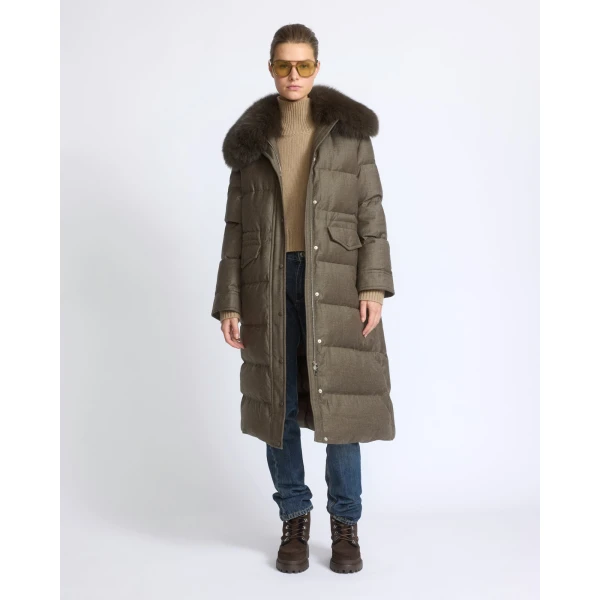 Yves Salomon Long Straight Down Jacket with Detachable Fox Fur Collar in Brown | Coats | Luxury Shoes 