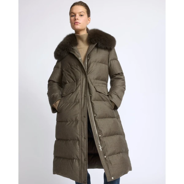 Yves Salomon Long Straight Down Jacket with Detachable Fox Fur Collar in Brown | Coats | Luxury Shoes 