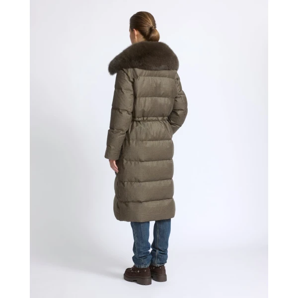 Yves Salomon Long Straight Down Jacket with Detachable Fox Fur Collar in Brown | Coats | Luxury Shoes 