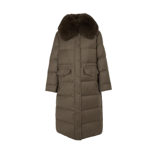 Long Straight Down Jacket with Detachable Fox Fur Collar in Brown