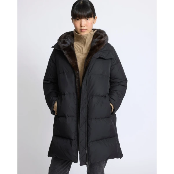 Yves Salomon Long Water-Repellent Down Jacket with Mink Fur Bib in Black | Coats | Luxury Shoes 
