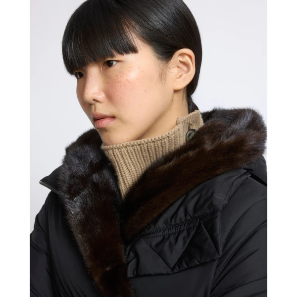 Yves Salomon Long Water-Repellent Down Jacket with Mink Fur Bib in Black | Coats | Luxury Shoes 