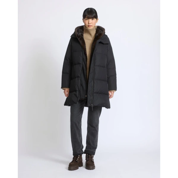 Yves Salomon Long Water-Repellent Down Jacket with Mink Fur Bib in Black | Coats | Luxury Shoes 