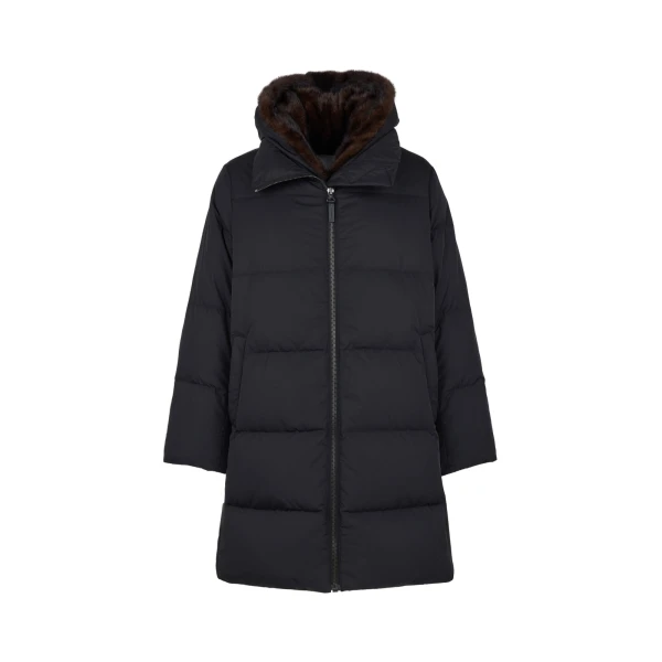 Long Water-Repellent Down Jacket with Mink Fur Bib in Black