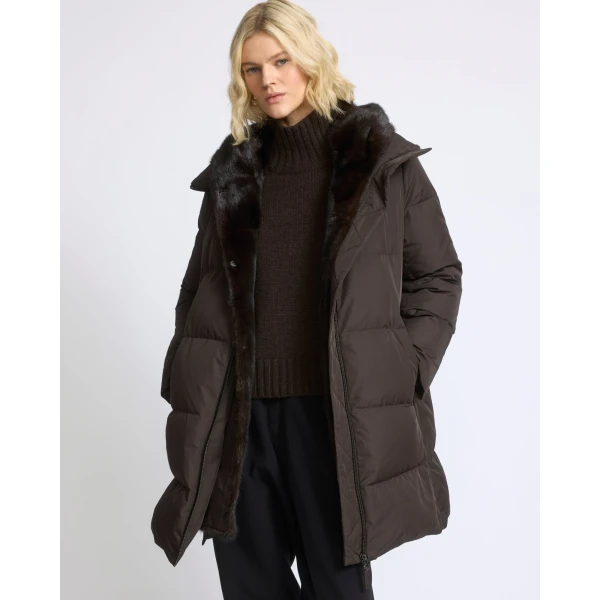 Yves Salomon Long Water-Repellent Down Jacket with Mink Fur Bib in Brown | Coats | Luxury Shoes 