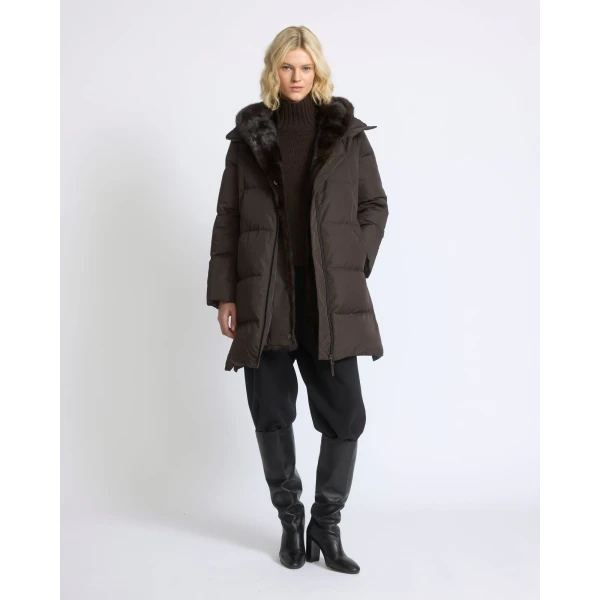 Yves Salomon Long Water-Repellent Down Jacket with Mink Fur Bib in Brown | Coats | Luxury Shoes 