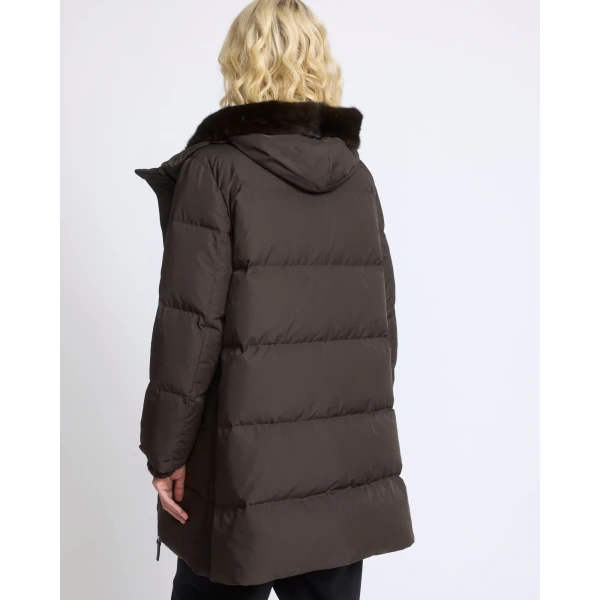 Yves Salomon Long Water-Repellent Down Jacket with Mink Fur Bib in Brown | Coats | Luxury Shoes 
