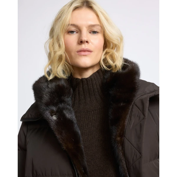 Yves Salomon Long Water-Repellent Down Jacket with Mink Fur Bib in Brown | Coats | Luxury Shoes 