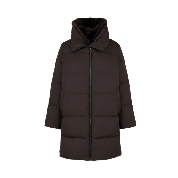 Long Water-Repellent Down Jacket with Mink Fur Bib in Brown