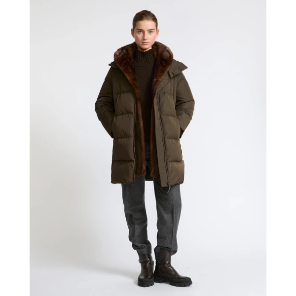 Yves Salomon Long Water-Repellent Down Jacket with Mink Fur Bib in Khaki | Coats | Luxury Shoes 