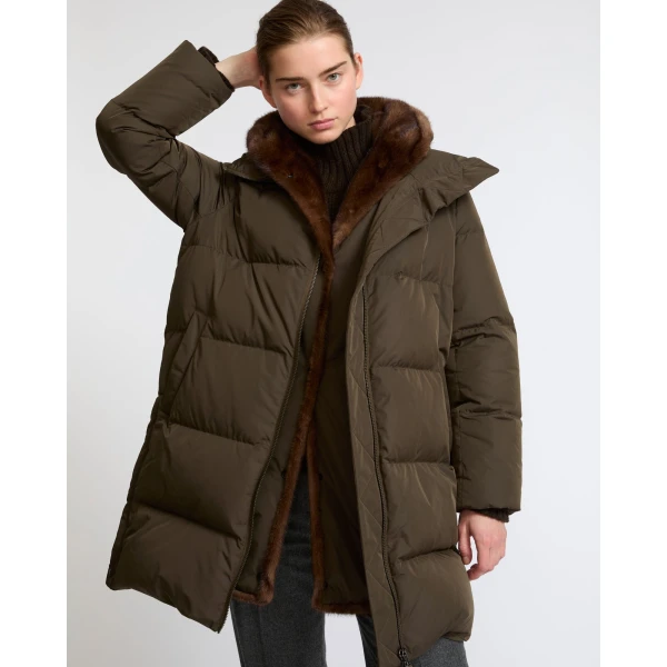 Yves Salomon Long Water-Repellent Down Jacket with Mink Fur Bib in Khaki | Coats | Luxury Shoes 