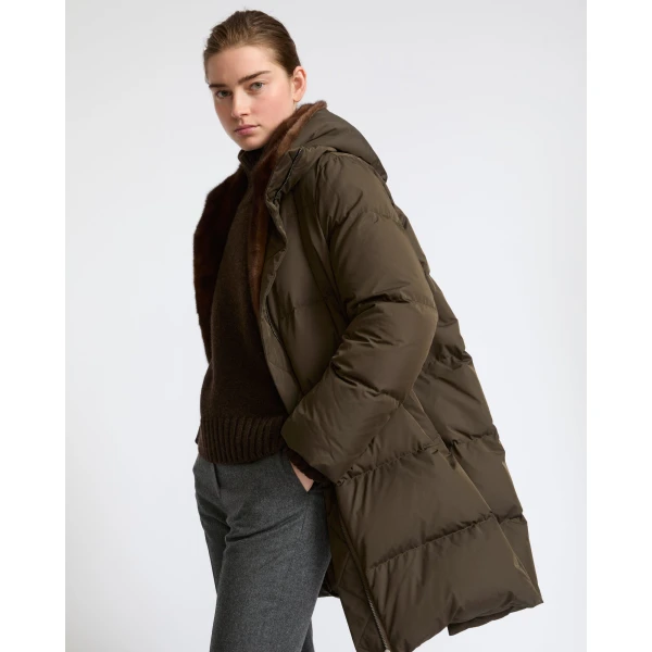 Yves Salomon Long Water-Repellent Down Jacket with Mink Fur Bib in Khaki | Coats | Luxury Shoes 
