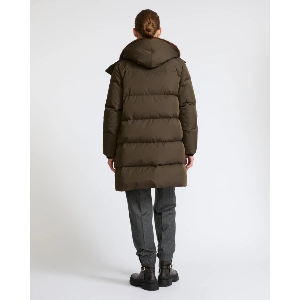 Yves Salomon Long Water-Repellent Down Jacket with Mink Fur Bib in Khaki | Coats | Luxury Shoes 