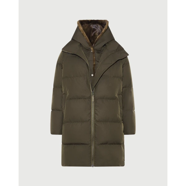 Yves Salomon Long Water-Repellent Down Jacket with Mink Fur Bib in Khaki | Coats | Luxury Shoes 