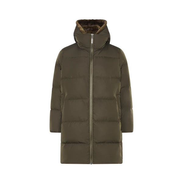 Long Water-Repellent Down Jacket with Mink Fur Bib in Khaki