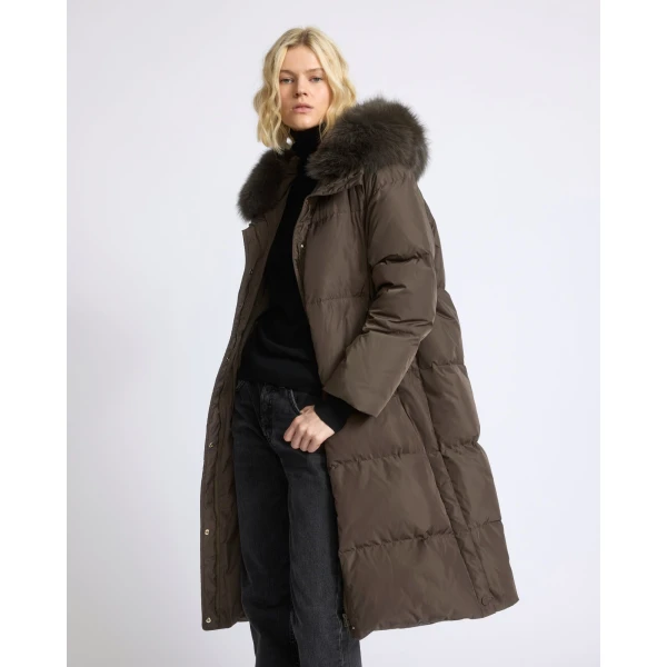 Yves Salomon Long Waterproof Down Jacket with Fox Fur Hood Trim in Charcoal | Coats | Luxury Shoes 