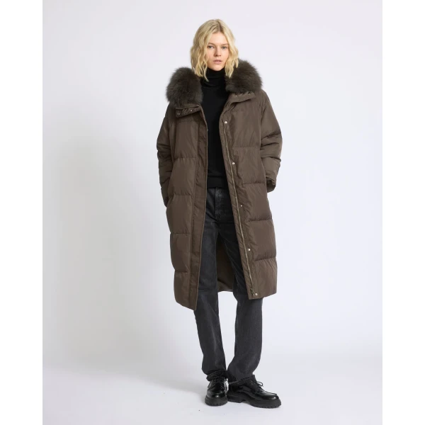 Yves Salomon Long Waterproof Down Jacket with Fox Fur Hood Trim in Charcoal | Coats | Luxury Shoes 
