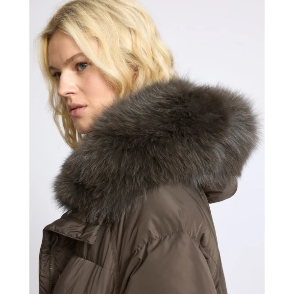 Yves Salomon Long Waterproof Down Jacket with Fox Fur Hood Trim in Charcoal | Coats | Luxury Shoes 