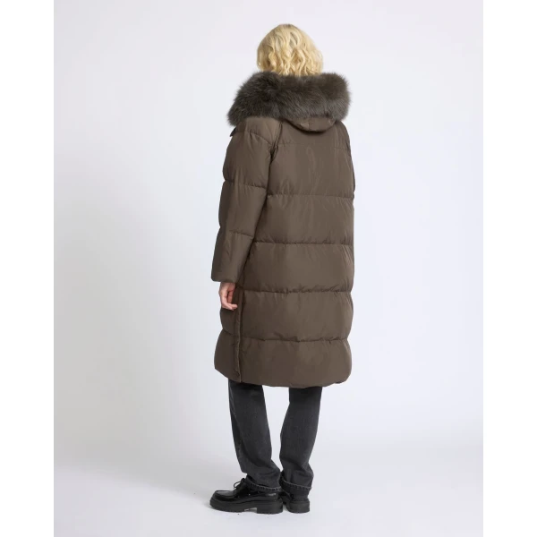 Yves Salomon Long Waterproof Down Jacket with Fox Fur Hood Trim in Charcoal | Coats | Luxury Shoes 